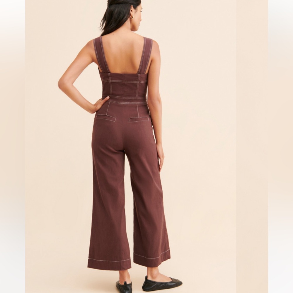 Maeve Brown Wide-Leg Jumpsuit with Contrast Stitching - Picture 4 of 13